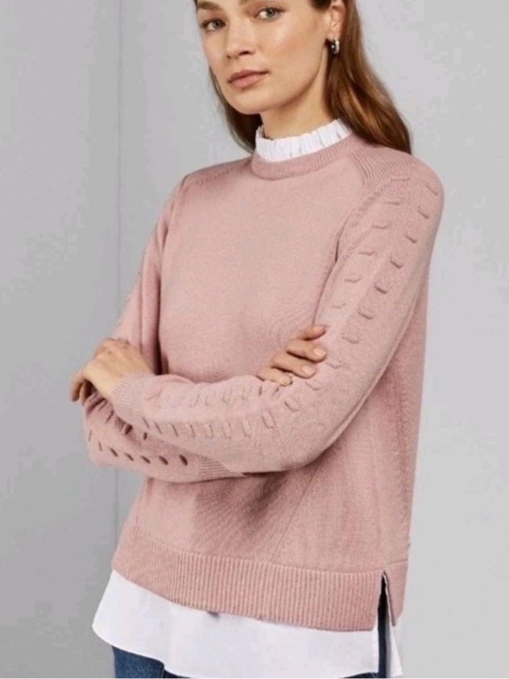 TED BAKER Lissiah Bobble Layered-Look Mockneck Ruffle Sweater Wool Cashmere XXS